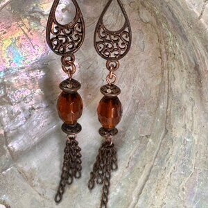 NEW - Handmade - Copper & Amber Dangle, Pierced Earrings